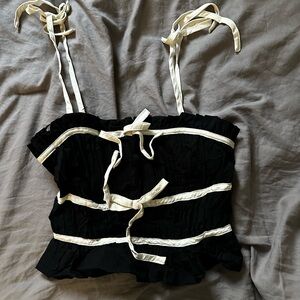 Thirty / Thirty ruffled XS black and cream crop top with tie straps